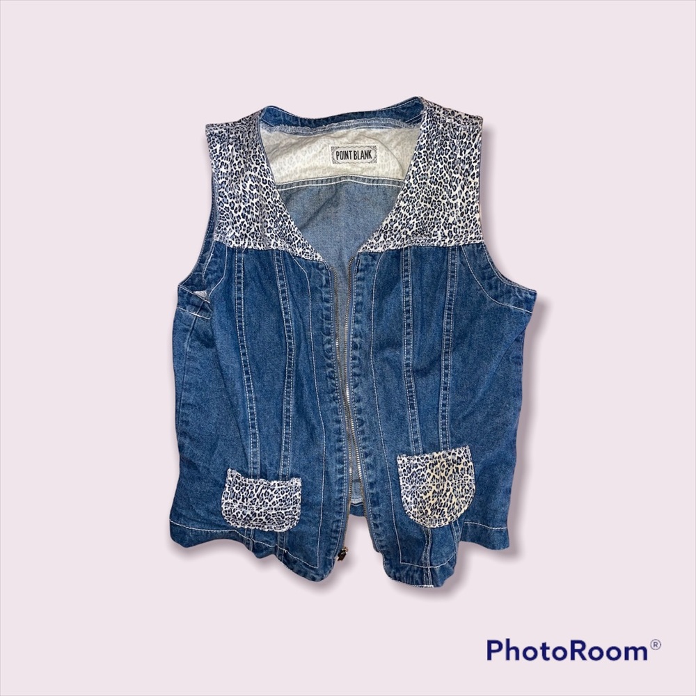 POINT BLANK DENIM VEST WITH LEOPARD ACCENTS AND A CUTE LIL BUCKLE IN THE BACK!